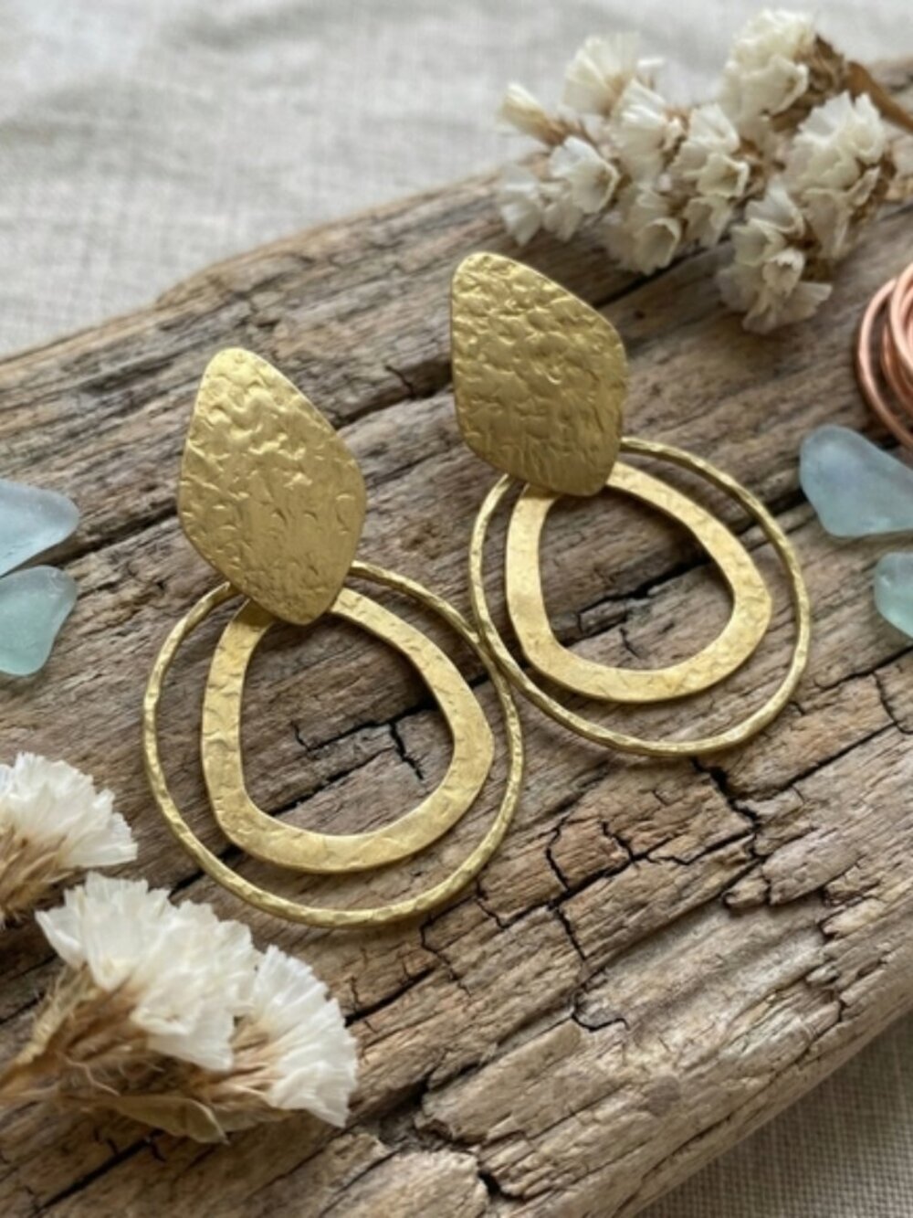 Hammered Brass Double Hoop Earrings 2.3" Gold Statement Drop Boho Chic Artisan